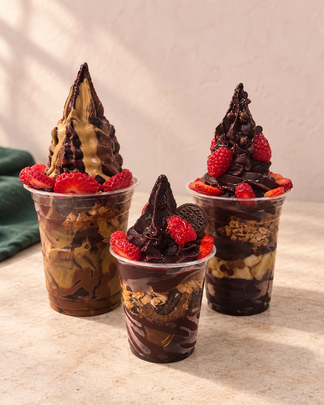 Three chocolate açaí cups ready to share