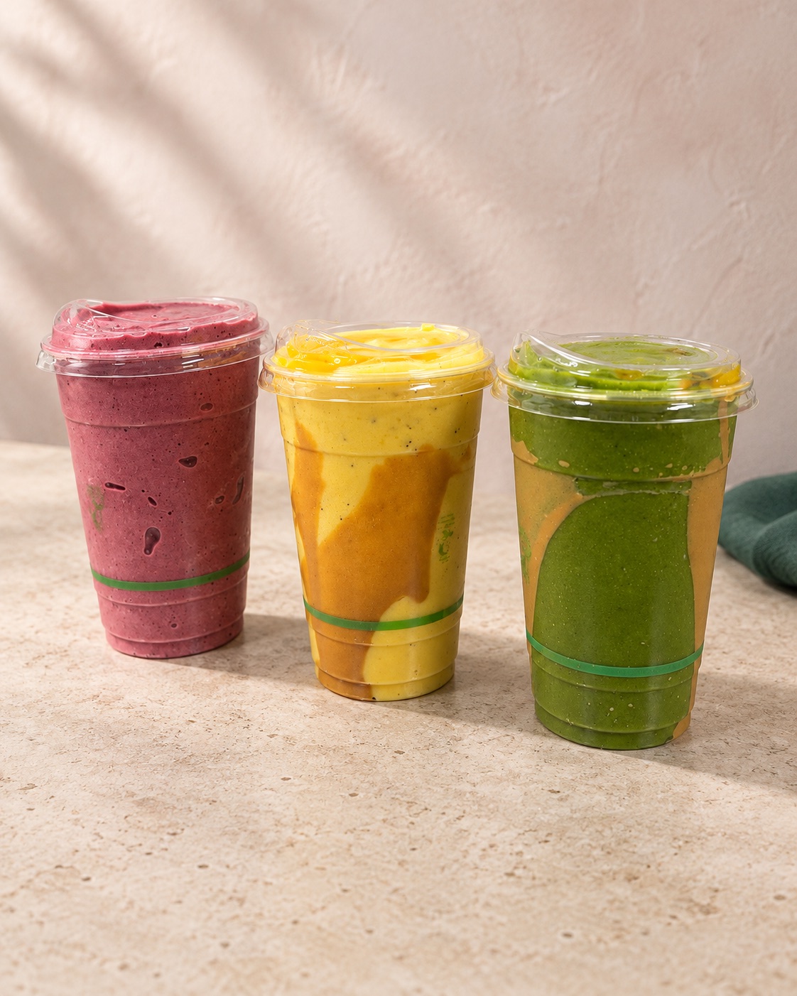Three colourful smoothies from Wild and The Sun